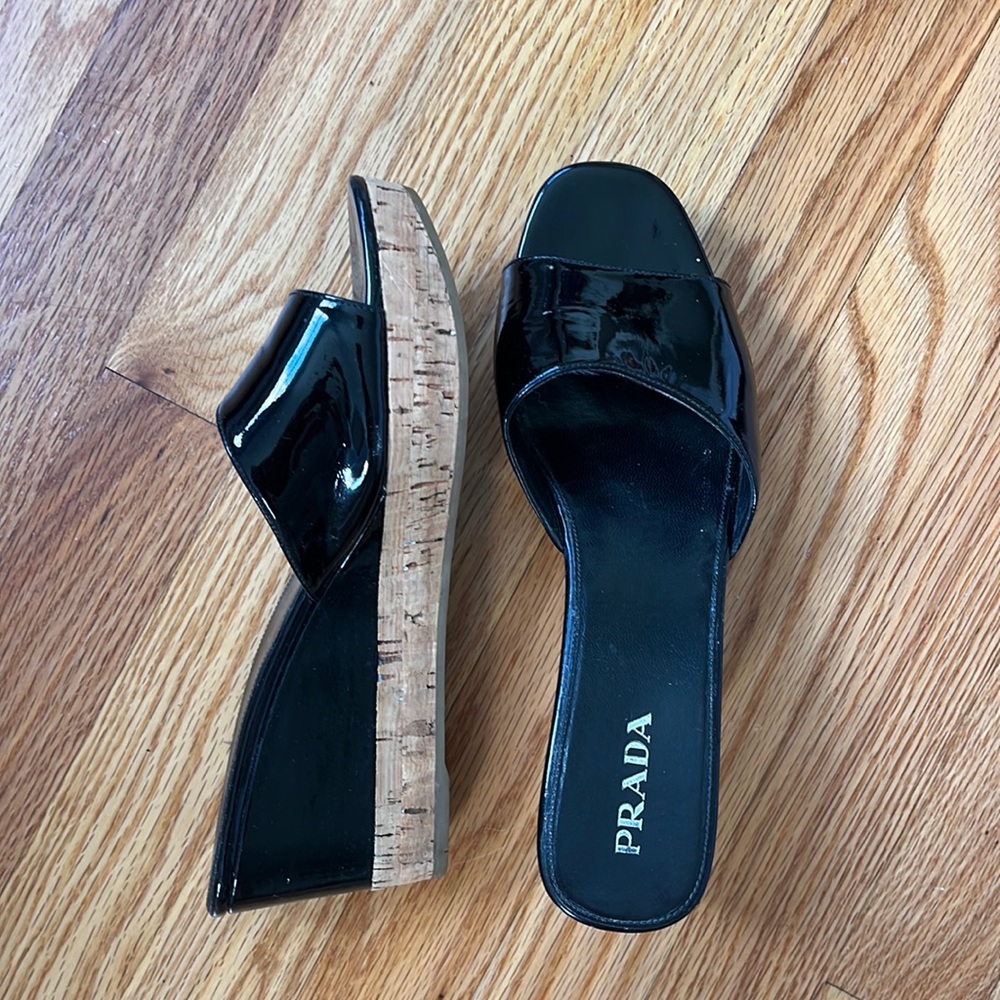 Authentic Prada Patent Leather Printed Slides (wedges)